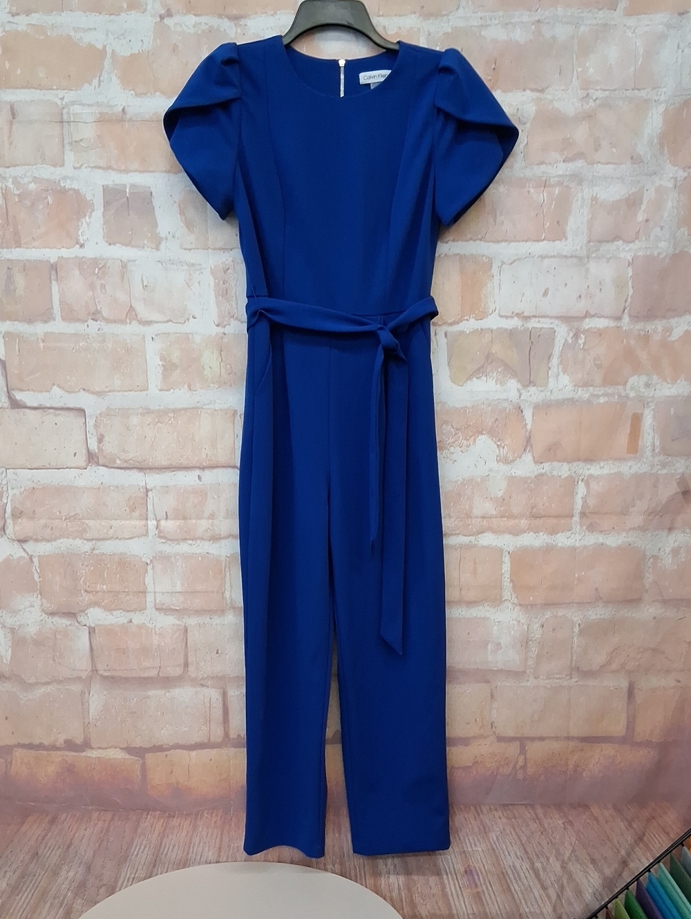 Calvin Klein Cobalt Blue Short-Sleeve Belted Jumpsuit